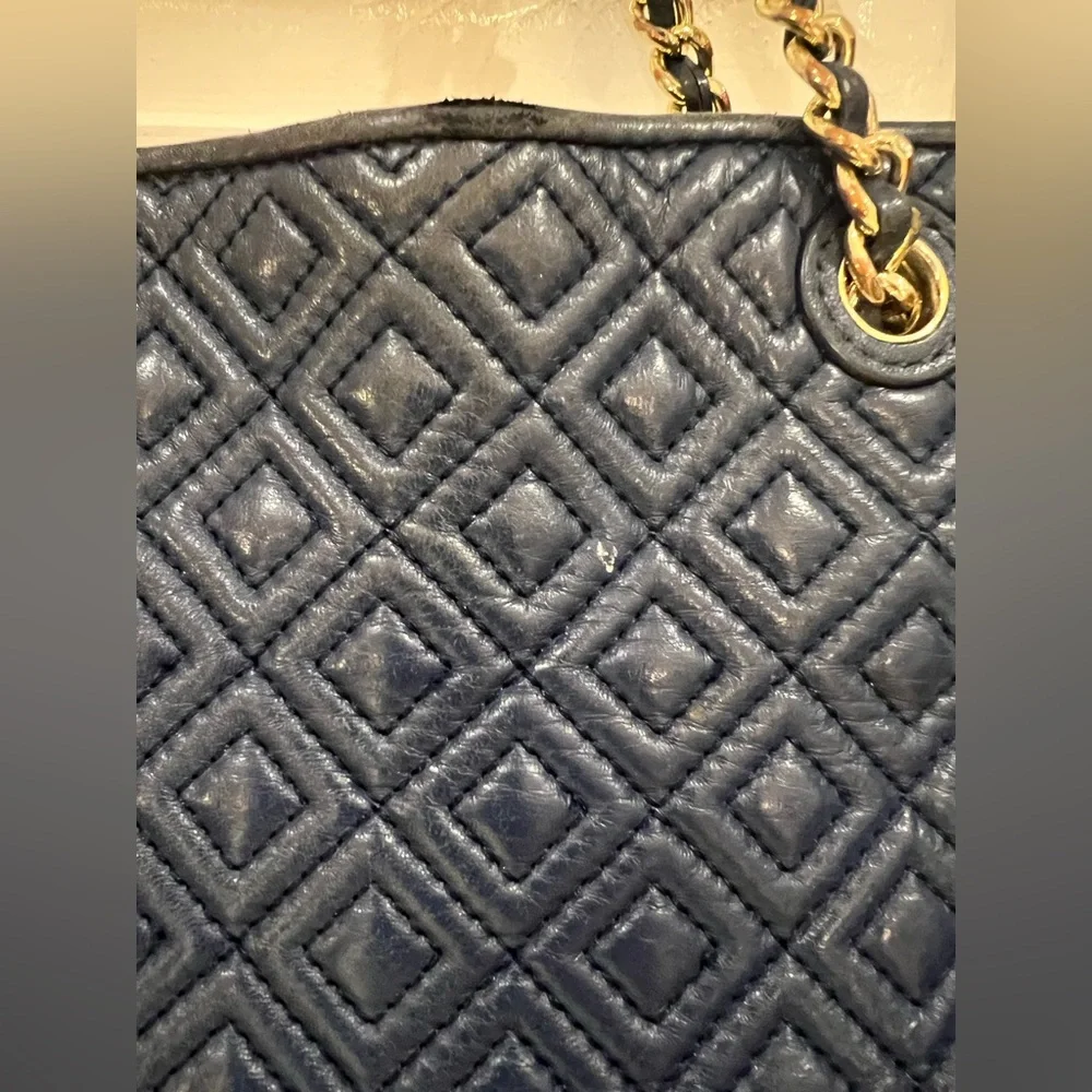 Tory Burch Navy Marion Quilted Tote Chain Shoulder Bag